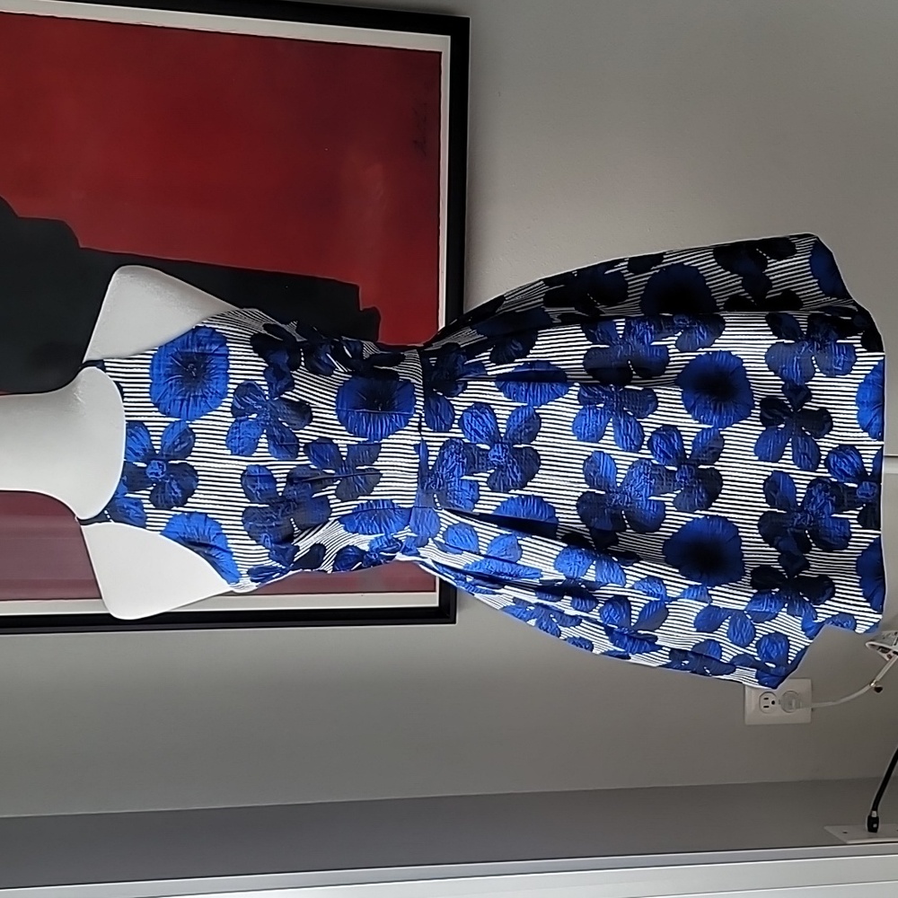 Badgley Mischka Sleeveless Mini Puff Skirt Dress, Size 2, Color White/Blue/Black